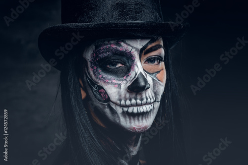  Close up portrait of female with skull make up.