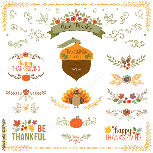 Autumn and Thanksgiving set with turkey, fall leaves, floral motifs, pumpkin, acorn, wreath, laurels and banner.
