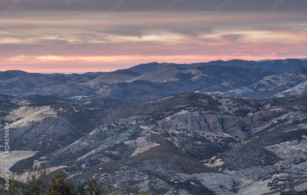 Sunset over Salinas Valley from Chalone Peak Trail. Aerial view of Central California wilderness from Pinnacles National Park, California, USA.