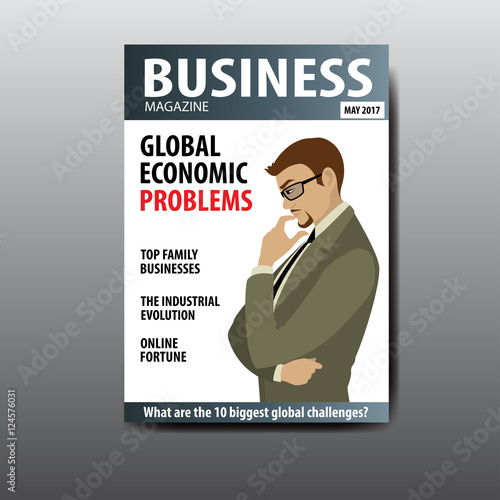 The blank magazine cover, businessman thinking about a problem