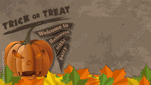 Halloween background with jack-o'-lantern, autumn leaves and inscription - Happy Halloween. Trick or treat. Vector banner template