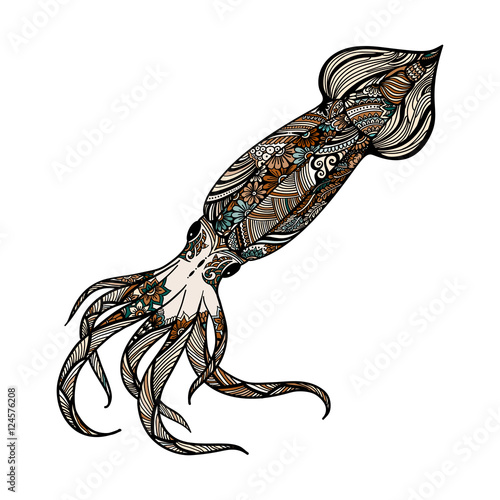 Large squid. Kraken. The inhabitant of the ocean. Glubokokvodny monster. Line art hand drawn illustration. Doodle. Zentangle. Tattoo.