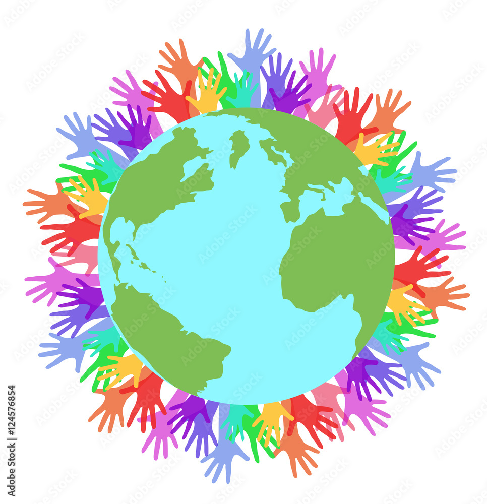 Vector flat illustration planet earth and rainbow hands of people