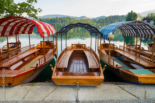 Pletna boats dock on Lake Bled, Slovenia