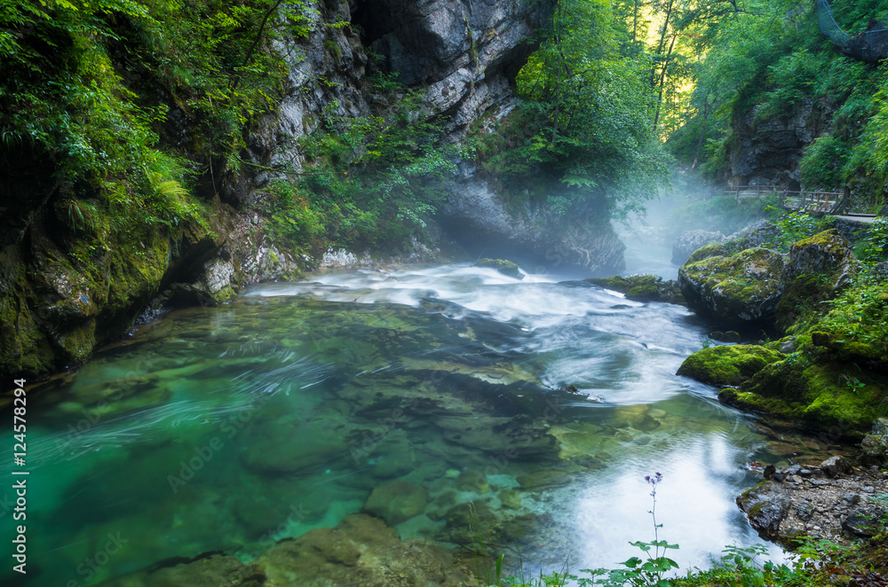 Vintgar gorge and Radovna river with walk path near Bled, Sloven Vintgar gorge and Radovna river with walk path near Bled, Sloven