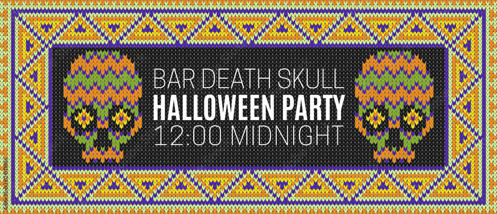 Flyer for a holiday with the inscription HALLOWEEN PARTY, BAR DEATH SKULL, MIDNIGHT. Brown skull on a dark green background for design flyers, invitations, coupons. Wool knitted texture. Vector Flyer for a holiday with the inscription HALLOWEEN PARTY, BAR DEATH SKULL, MIDNIGHT. Brown skull on a dark green background for design flyers, invitations, coupons. Wool knitted texture. Vector