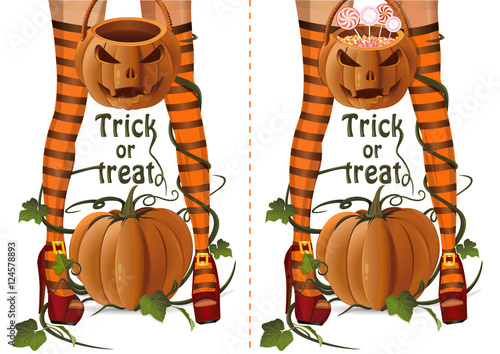 Halloween design set. Closeup sexy witch legs on a background of pumpkin. Sexy witch with Jack-o'-lantern bag with lollipops candy and empty Halloween basket. Trick or treat. Vector illustration