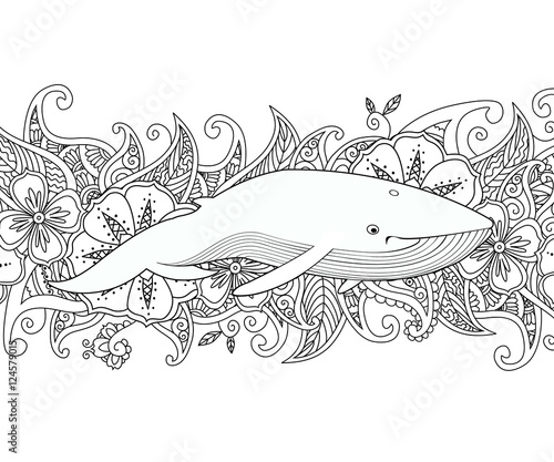 Coloring page with whale in the sea on flower border background.