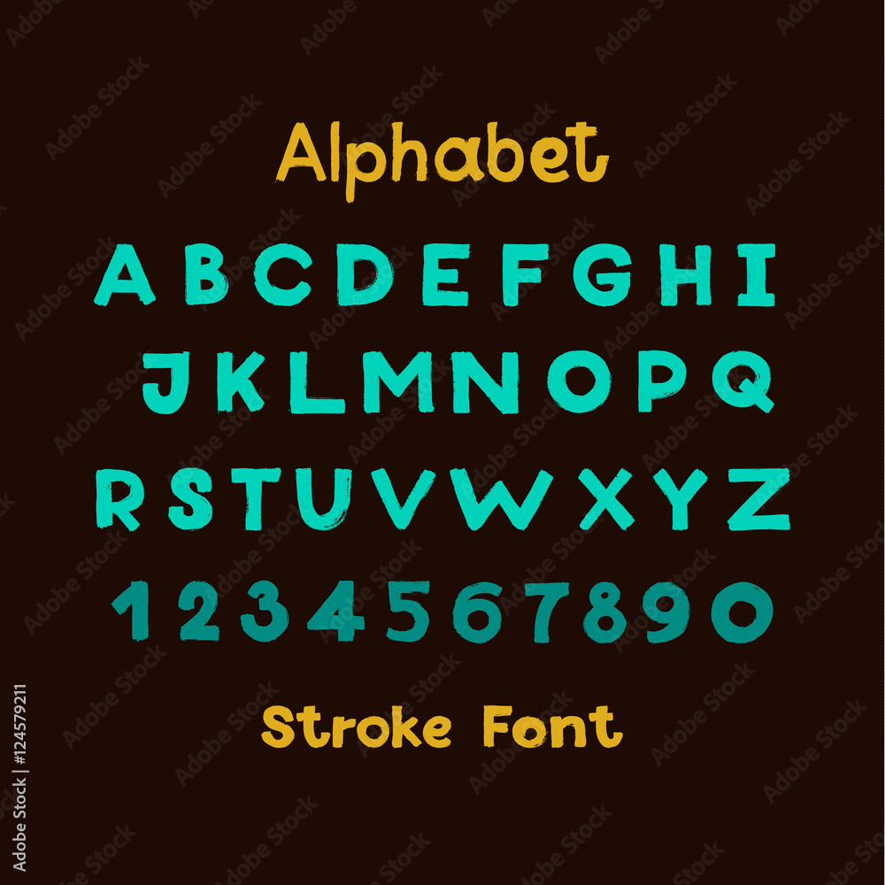 Alphabet. English Sloppy Fat Stroke Font Letters. Capital  and numbers.