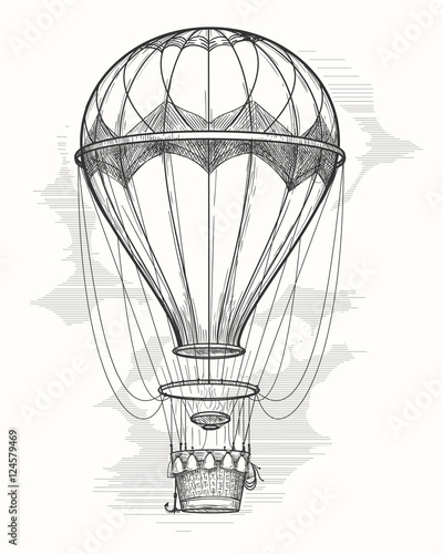 Retro hand drawing hot air balloon. Vintage hot air airship vector sketch