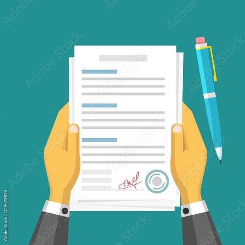Business design. Hands holding contract. Flat illustration