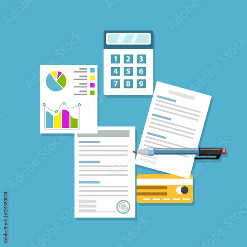 Office workplace. Paperwork, analytics flat business illustration