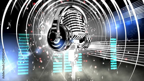 Microphone, headphones & equalizer. Background for headline of opening music festival, competition, show, interview, concert.  OP. For editing of announcement, name, title, text, logo. photo