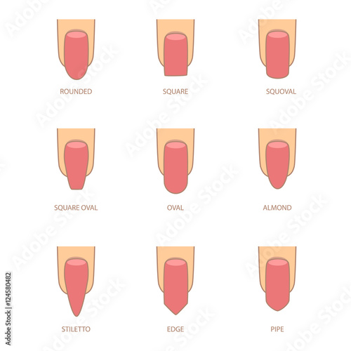 Set of different shapes of nails on white. Nail shape icons. Manicure polish. Vector illustration 