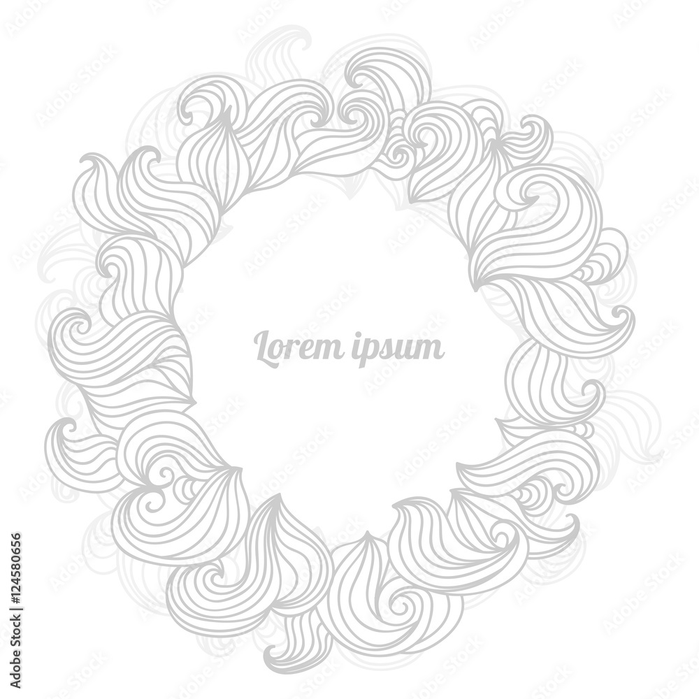 Fancy grey hand drawn doodle curly wave frame, isolated on white background. Vector illustration.
