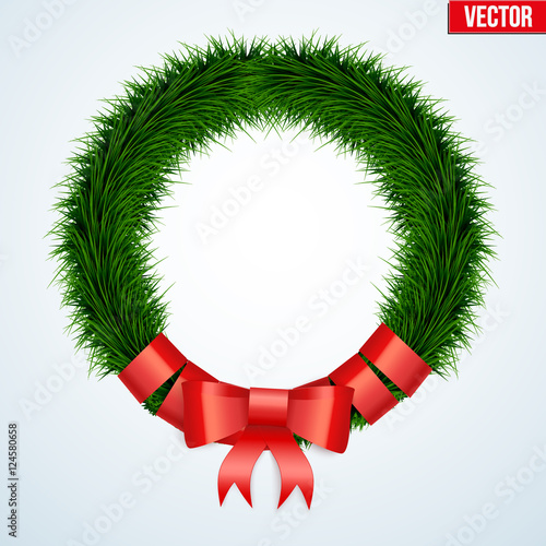 Traditional Green christmas wreath with red ribbon and bow. Vector Illustration Isolated on Background.