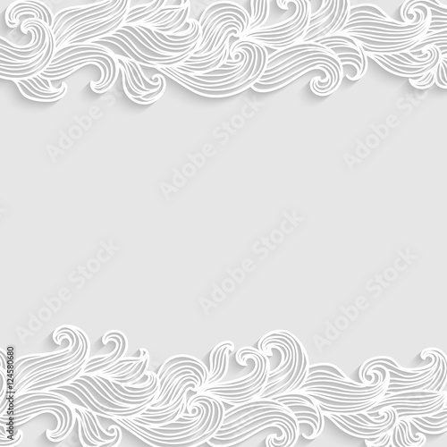 Grey 3d vector background with hand drawn curly doodle waves in the top and bottom, with place for text.