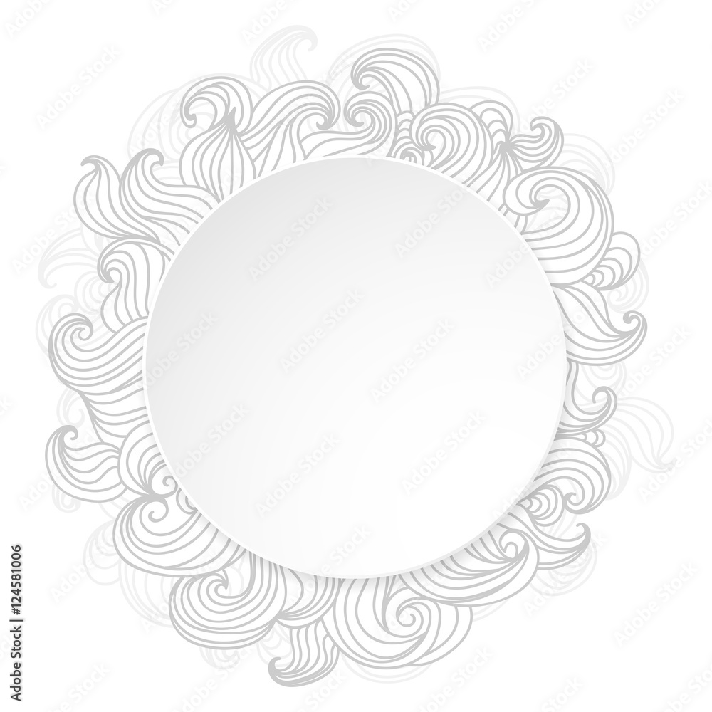 Fancy grey hand drawn curly waves doodle with white circle banner with space for text, isolated on white background. Vector illustration. Fancy grey hand drawn curly waves doodle with white circle banner with space for text, isolated on white background. Vector illustration.