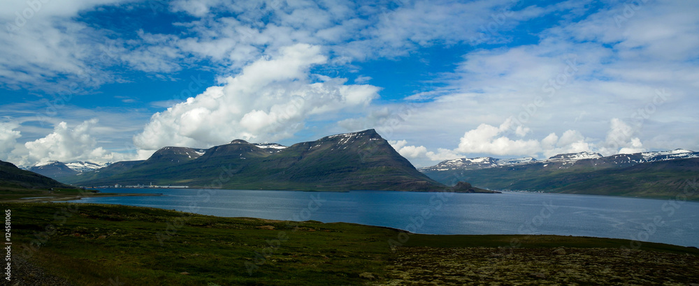 Panorama of Reydarfjordur, biggest fjord. Eastern Iceland