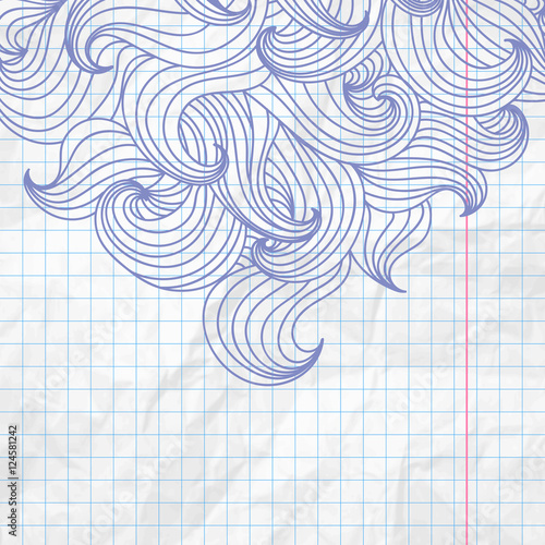 Beautiful fanciful hand drawn curly doodle on crumpled notepad paper background. Ideal for greeting or post card. Vector illustration.