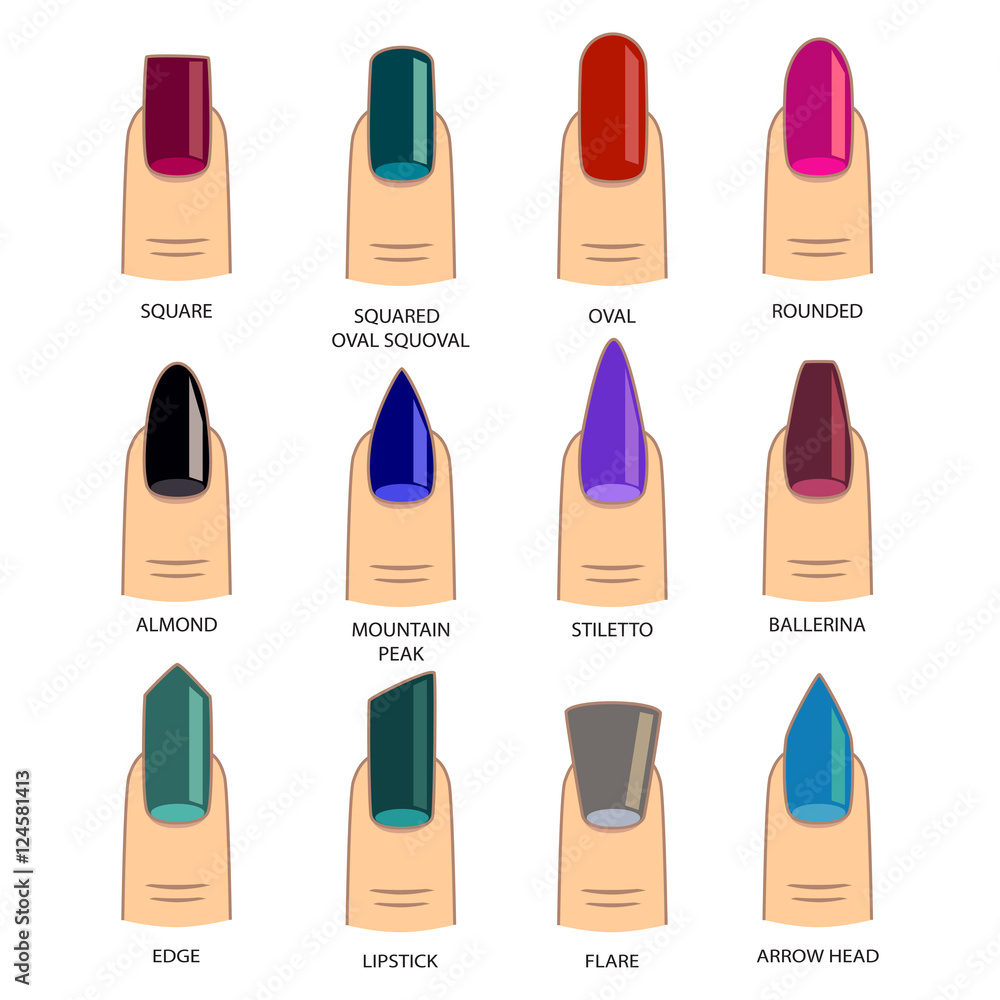 Set of different shapes of nails on white. Nail shape icons. Manicure polish. Vector illustration Set of different shapes of nails on white. Nail shape icons. Manicure polish. Vector illustration