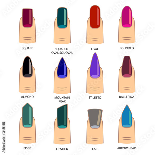 Set of different shapes of nails on white. Nail shape icons. Manicure polish. Vector illustration 