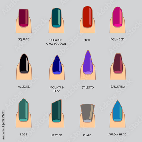 Set of different shapes of nails on gray. Nail shape icons. Manicure polish. Vector illustration  photo