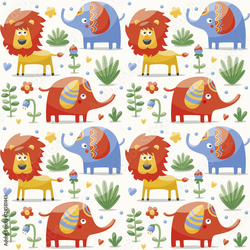 Seamless cute pattern made with elephants  lion giraffe  birds  plants  jungle  flowers  hearts  leafs  stone  berry for kids