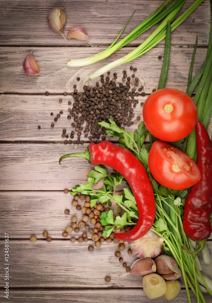 wood background with vegetables wood background with vegetables