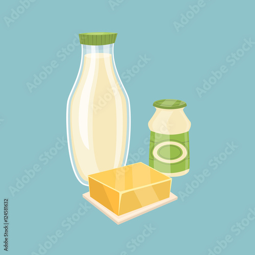 Assortment of dairy products isolated on blue background, vector illustration. Nutritious and healthy milk products. Natural and healthy food. Organic farmers products. Dairy icon.