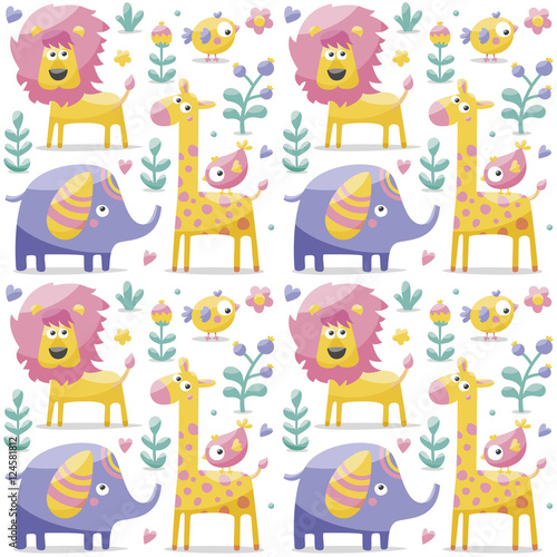 Seamless cute pattern made with elephants  lion giraffe  birds  plants  jungle  flowers  hearts  leafs  stone  berry for kids