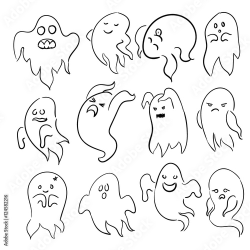 Cartoon spooky sketchy Ghost character vector set. Holiday monster design. Costume evil silhouette Helloween night symbol.