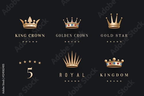 Set of royal gold crowns icon and logo. Isolated luxury logo for branding, label, game, hotel, graphic design. Collection logo crowns for royal persons, king, queen, princess. Vector Illustration