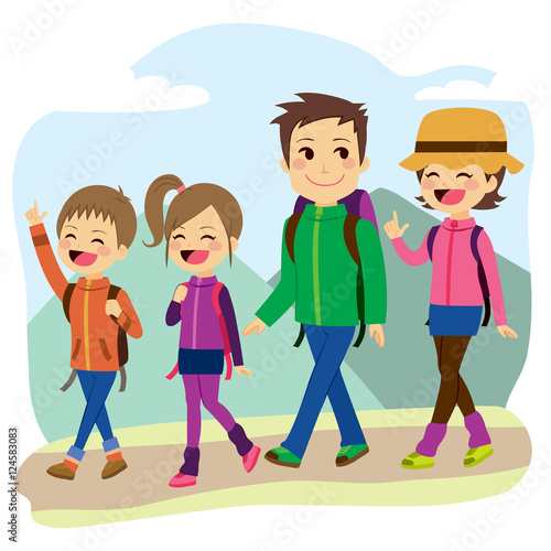 Happy family climbing mountain on a trip vacation day