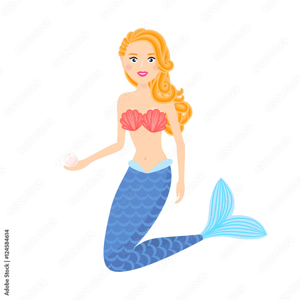 Mermaid cute girl vector illustration. Cartoon young blonde redhead mermaid with pearl in hand. Mermaid cute girl vector illustration. Cartoon young blonde redhead mermaid with pearl in hand.