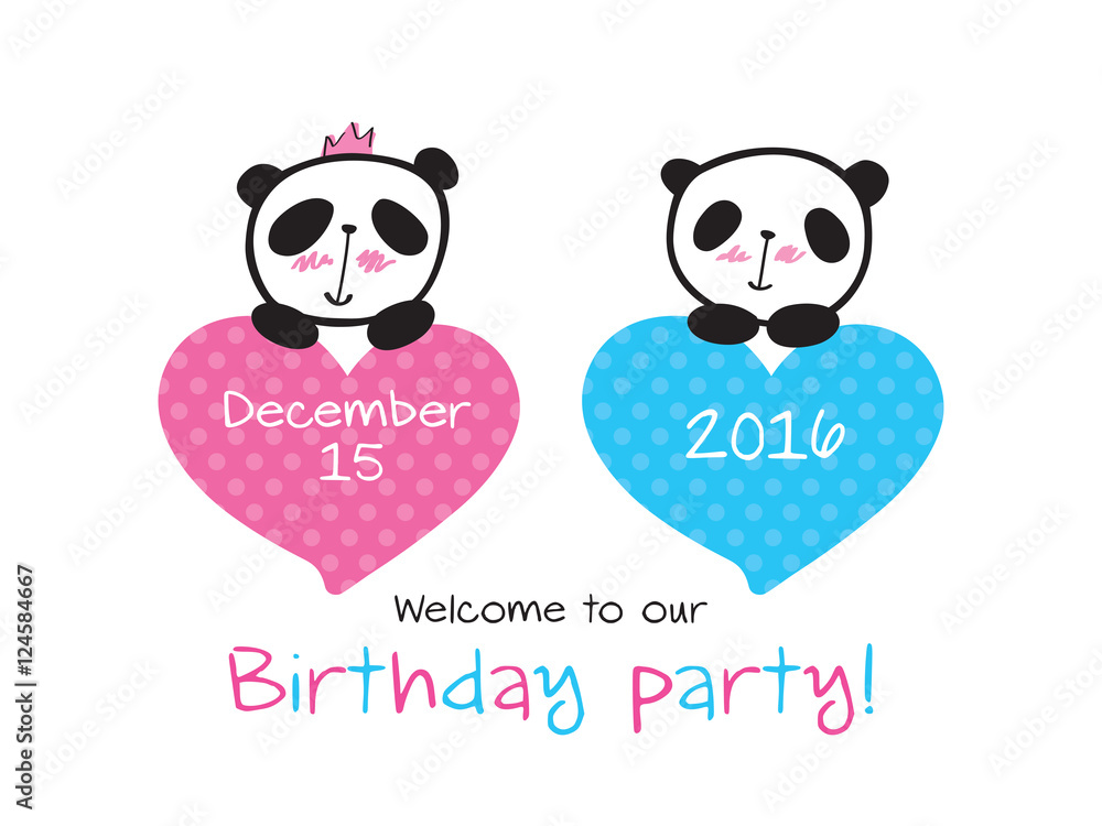 Invitation to the children's party. Invitation to the birthday of twins with little cute pandas and hearts. Hand drawn panda for your design. Doodles, sketch. Vector. Invitation to the children's party. Invitation to the birthday of twins with little cute pandas and hearts. Hand drawn panda for your design. Doodles, sketch. Vector.