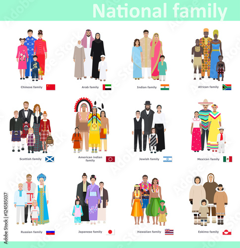 Families in national costume, vector illustration