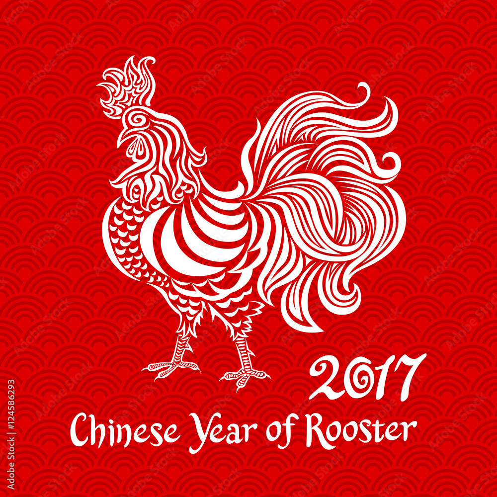 vector white rooster on red chinese background. Chinese calendar Zodiac