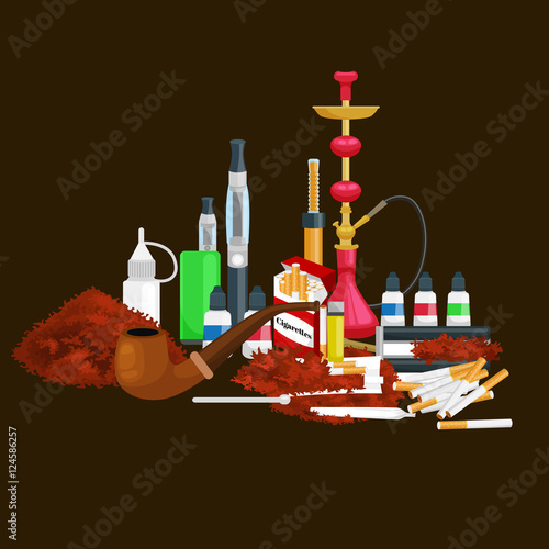 Smoking tobacco products icons set with cigarettes hookah cigars lighter isolated vector illustration