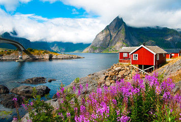 Fototapete Skandinavien Lofoten-Inselnlandschaft mit typischen roten Häusern, Norwegen  © Maresol