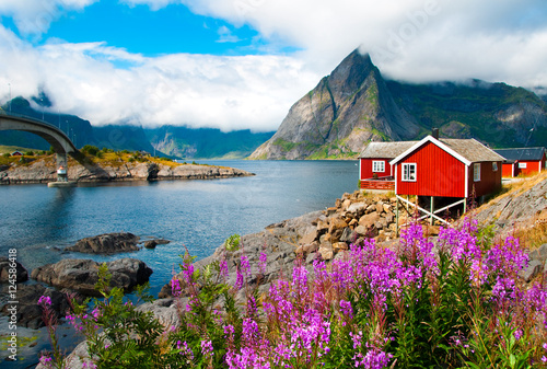 Obraz na plátne Lofoten islands landscape with tipical red houses, Norway