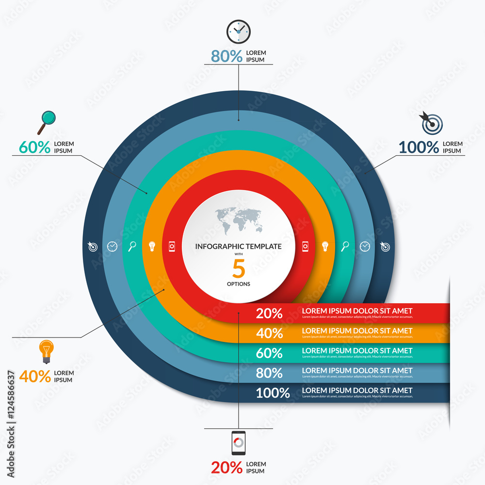 Circle infographic template. Vector banner with 5 options- 20, 40, 60, 80, 100 percent. Can be used for diagram, graph, chart, report, data visualization, presentation, web design