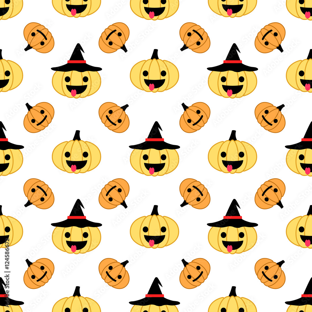 White Halloween pumpkin seamless pattern with hats White Halloween pumpkin seamless pattern with hats