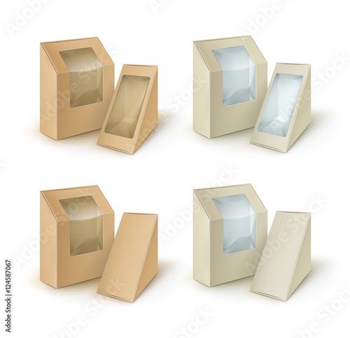 Vector Set of Brown Blank Cardboard Rectangle Triangle Take Away Boxes Packaging For Sandwich, Food, Gift, Other Products with Plastic Window Mock up Close up Isolated on White Background