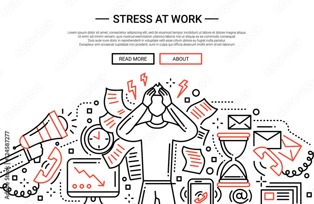 Stress at work - line flat design website banner