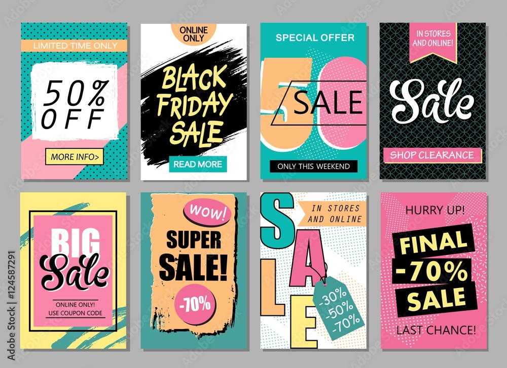 Set of social media sale website and mobile banner templates. Vector banners, posters, flyers, email, newsletter, ads, promotional material. Typography discount card design.
