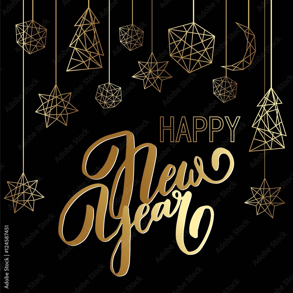 Happy New Year background with stars, balls, noel, lettering, holiday elements in trendy geometric style. Greeting card, invitation, flyer. Happy New Year background with stars, balls, noel, lettering, holiday elements in trendy geometric style. Greeting card, invitation, flyer.
