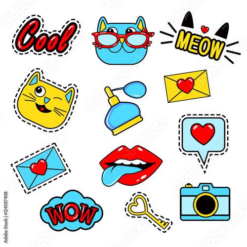 Fashion patch badges with lips, cats, hearts, meow, letter, perfume, camera, speech bubbles,tongue, lipstick and other elements.Set of girlish stickers, patches in cartoon isolated on white background