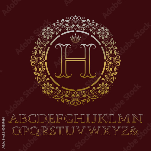 Tendrils gold contour letters with H initial monogram. Baroque style font for logo design. Isolated english vintage alphabet.