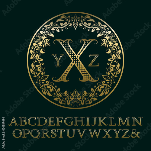 Tendrils gold letters with initials monogram. Baroque style font for logo design. Isolated english vintage alphabet.